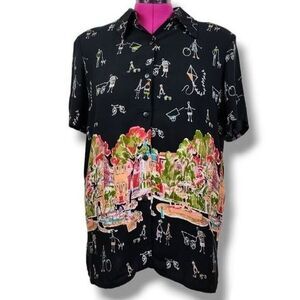 Vintage Units 80s 90s Rayon Blouse Abstract Art To Wear Shirt Shoulder Pads M